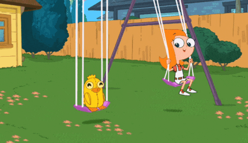 a cartoon of a girl sitting on a swing with a duck on it