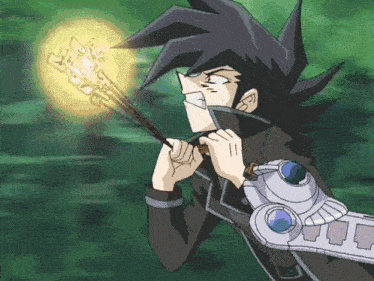 a cartoon character with black hair is holding a wand