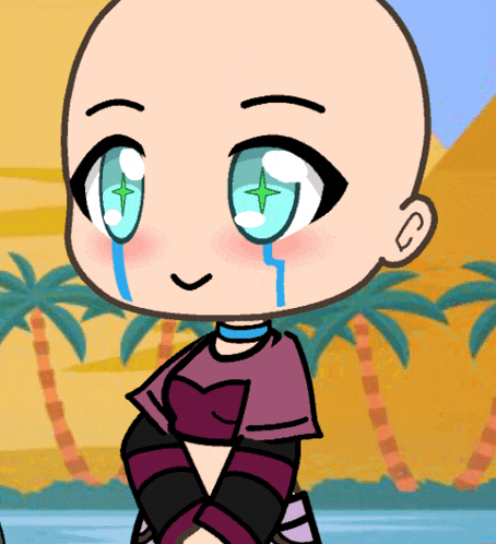 a cartoon character with a bald head and blue eyes