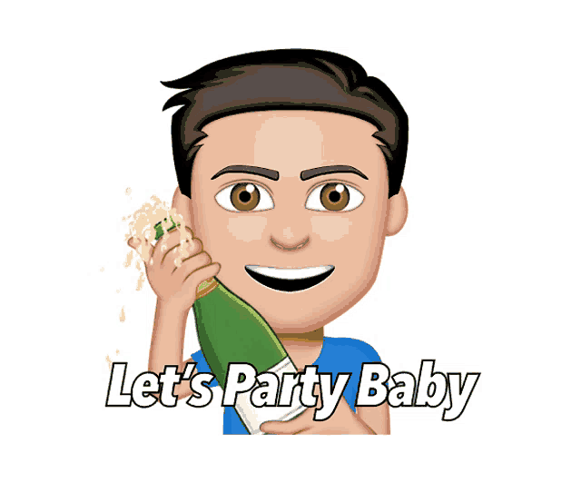 a cartoon of a man holding a bottle of champagne and the words let 's party baby