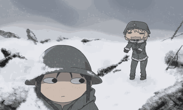 a cartoon of a soldier standing in the snow