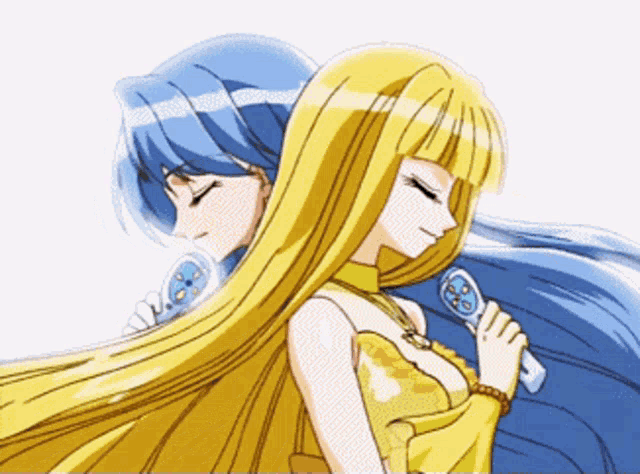 a girl with long blonde hair is singing into a microphone next to a girl with blue hair