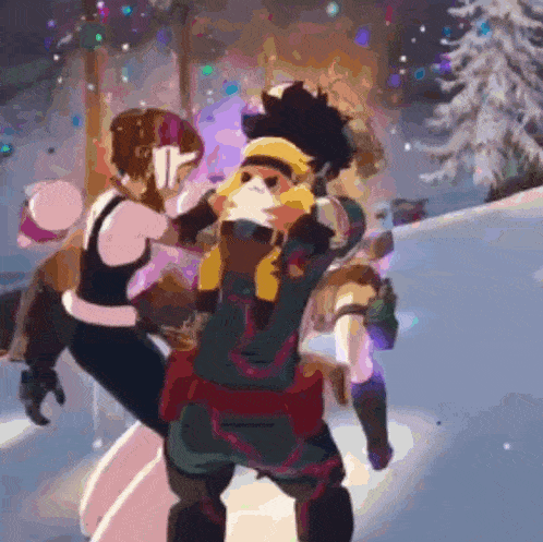 a couple of anime characters are standing in the snow .
