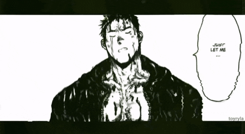 a black and white drawing of a man with a speech bubble saying just let me