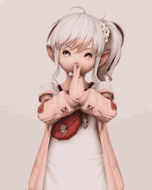 a little girl with white hair is wearing a pink jacket and a white shirt