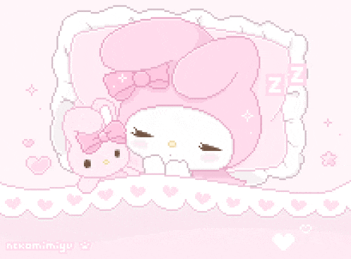 a pixel art of a pink bunny sleeping on a pink pillow