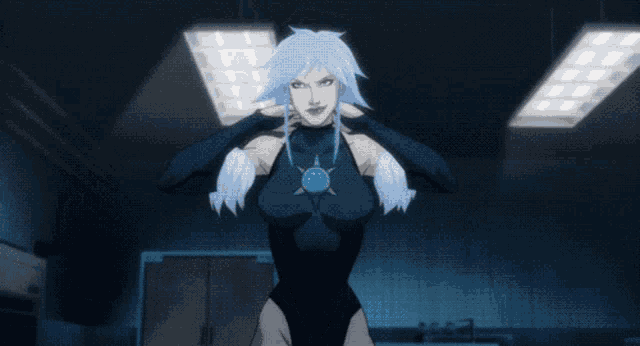 a woman in a black bodysuit with white feathers is standing in a dark room with her hands outstretched