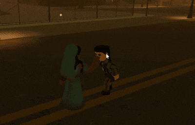 a girl in a blue dress is standing next to a boy