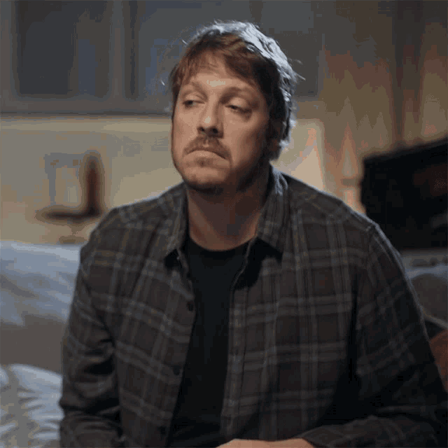 a man in a plaid shirt is sitting on a couch