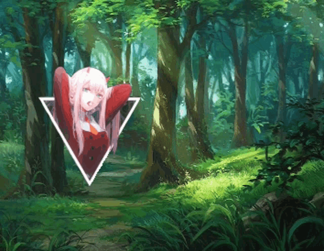 a girl in a red dress is in a triangle in a forest