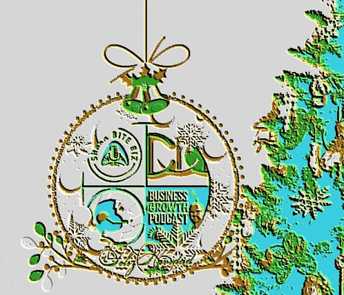 a christmas ornament with business growth podcast written on it