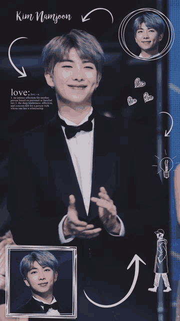 a picture of a man in a tuxedo with the name kim namjoon written on it