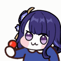 a cartoon of a girl with purple hair is holding a red ball .