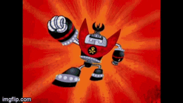 a cartoon robot with a skull and crossbones on his chest is standing on a red background .
