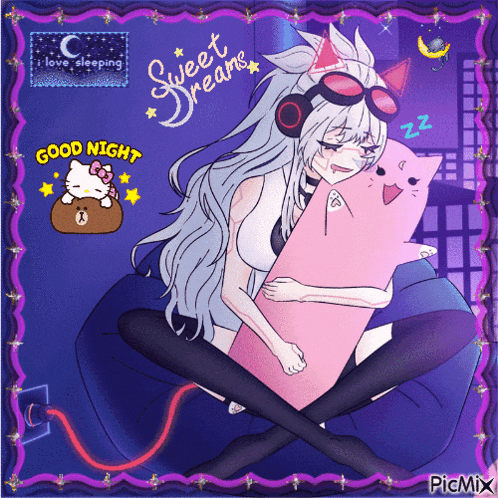 a drawing of a girl hugging a cat with the words sweet dreams written on the bottom