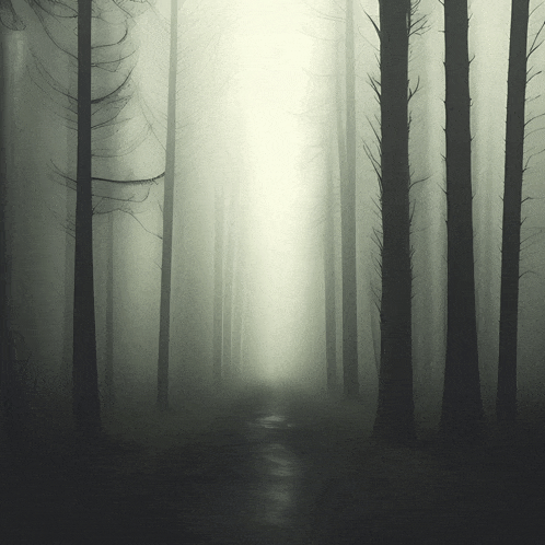 a foggy forest with trees and a light coming through