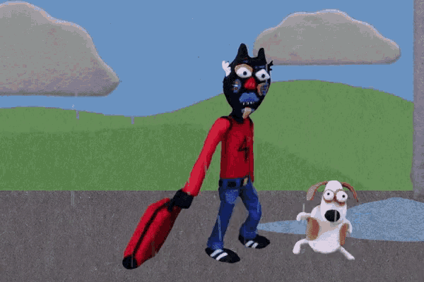 a cartoon of a man walking a dog with a suitcase