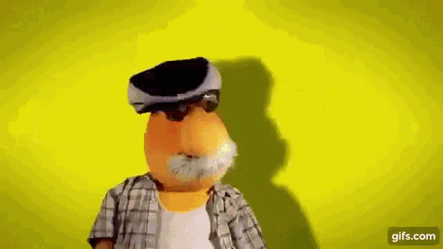 a cartoon character with a mustache and sunglasses is standing in front of a yellow background .