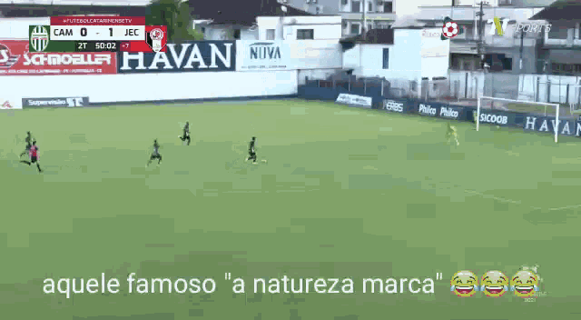 a soccer game is being played on a field with a banner for havan on the side
