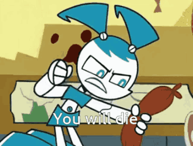 a cartoon of jenny from my life as a teenage robot is holding a sausage and pointing at the camera .