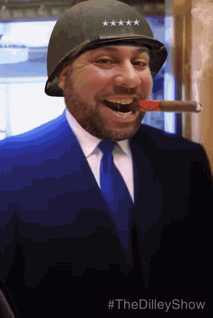 a man in a suit and tie is wearing a helmet and smoking a cigar with the hashtag #thedilleyshow