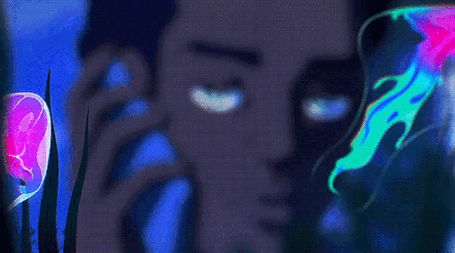 a cartoon of a man with blue eyes talking on a phone