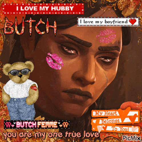 a picture of a woman with a teddy bear that says i love my hubby butch femme