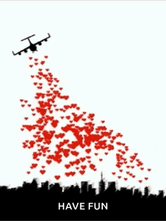 a drawing of a plane flying over a city with the words have fun underneath it