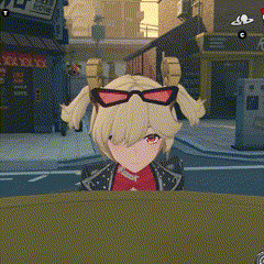 a cartoon girl wearing sunglasses and pigtails is looking over a table