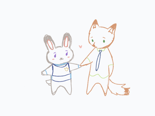 a drawing of a fox and a white rabbit holding hands