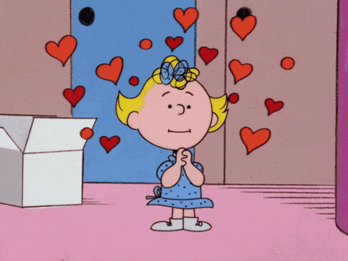 a cartoon of a girl with hearts coming out of her head