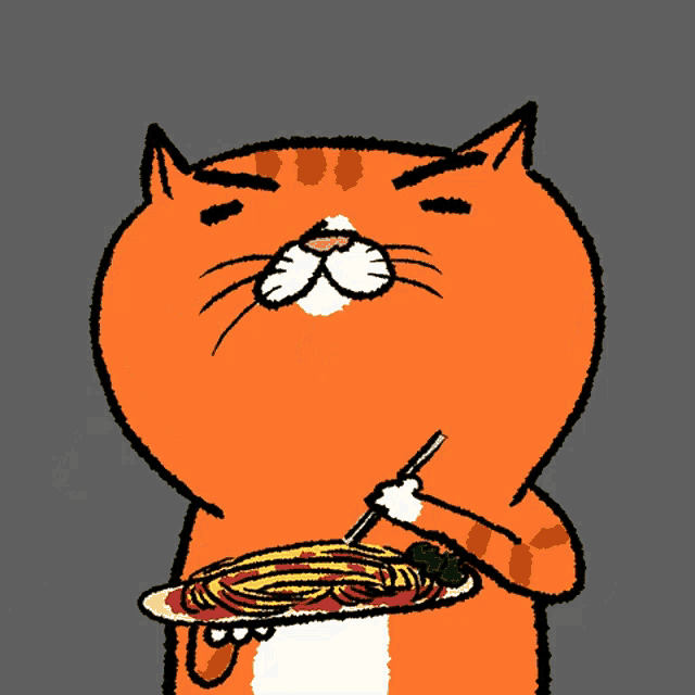 a cartoon cat is eating spaghetti with a fork