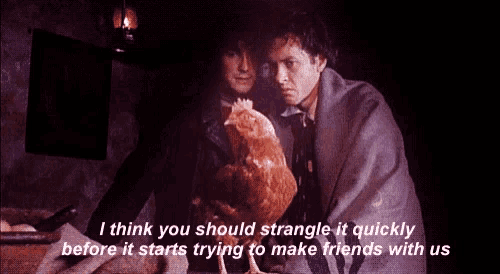 two men holding a chicken with a caption that says i think you should strangle it quickly before it starts trying
