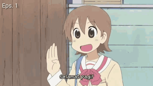 a cartoon character says selamat pagi and waves her hand
