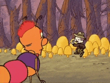 a cartoon of a bug and a man in a hat standing next to each other