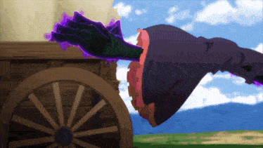 a purple hand is reaching out toward a wooden wheel