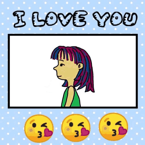 a cartoon of a girl with purple and blue hair and the words i love you