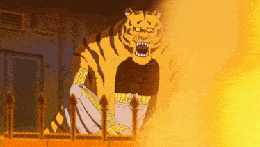 a cartoon drawing of a tiger with a robot arm