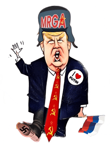 a cartoon of donald trump wearing a mrga hat and a red tie