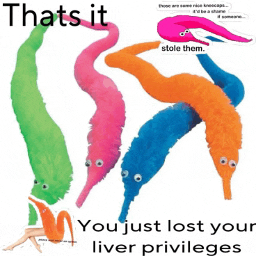 a bunch of stuffed worms with googly eyes and the words thats it you just lost your liver privileges