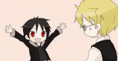a boy with red eyes is standing next to a boy with blonde hair