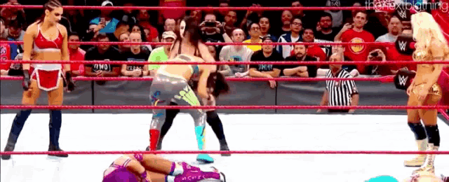 a group of women are wrestling in a wrestling ring .