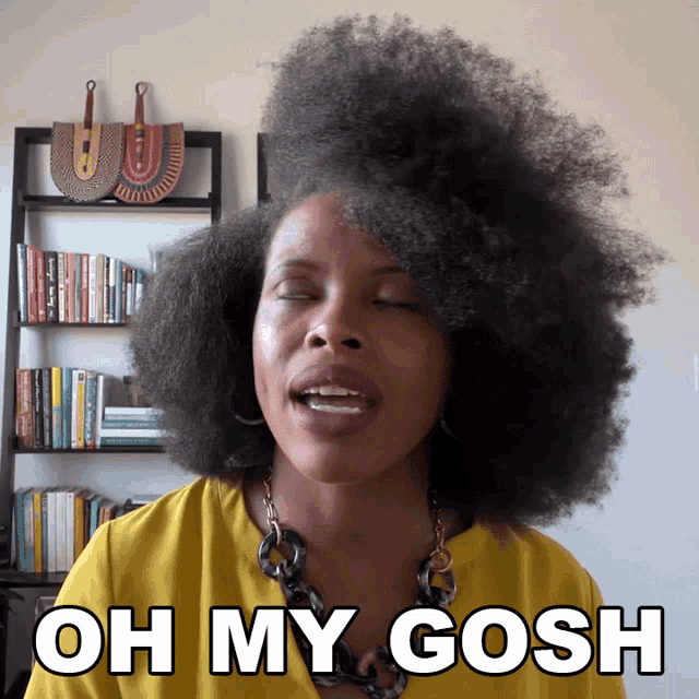 a woman says oh my gosh in front of a bookshelf