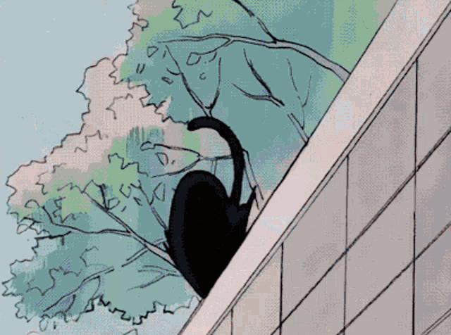 a drawing of a cat standing on a ledge with a tree in the background