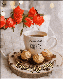 a cup of coffee with a butterfly on it and the words enjoy your coffee on it