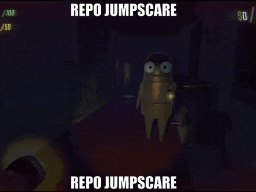 a screenshot of a video game with the words repo jumpscare