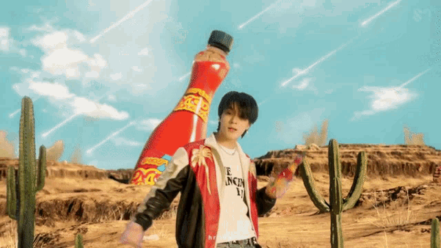 a man holding a bottle of hot sauce in a desert