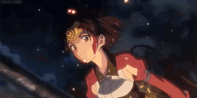 a girl with red hair is flying through the air in a cartoon .