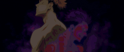 a man without a shirt is standing in front of a purple background with a demon on his back .