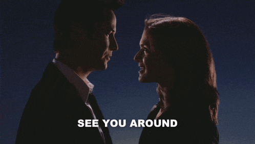a man and woman are looking into each other 's eyes and the words see you around are above them